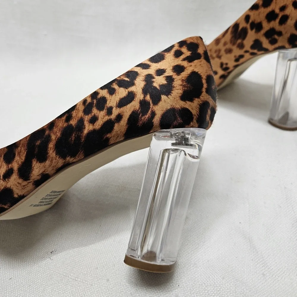 Woolworths Pumps Womens 5 Tan Leopard Animal Print Lucite Clear Block Heel Shoes